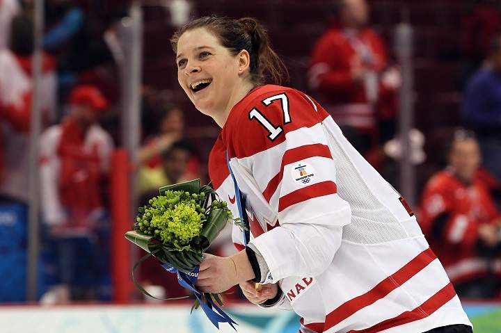 Jennifer Botterill celebrates after helping Canada win the gold medal in women’s hockey at the 2010 Vancouver Olympics.