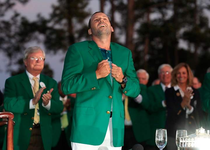 Sergio Garcia of Spain at the green jacket ceremony after winning the Masters in a sudden death playoff over Justin Rose of England during the final round of the 2017 Masters Tournament at the Augusta National Golf Club in Augusta, Georgia, on April, 9 2017. 