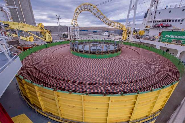 A cable reel aboard the cable-laying vessel Nexans Skagerrak is shown in Argentia, N.L. in a handout photo taken earlier this month. Late Wednesday the ship started laying 170 kilometres of electricity cable between Cape Ray in southwestern Newfoundland and Point Aconi in northeastern Cape Breton as part of the $1.6-billion Maritime Link project.