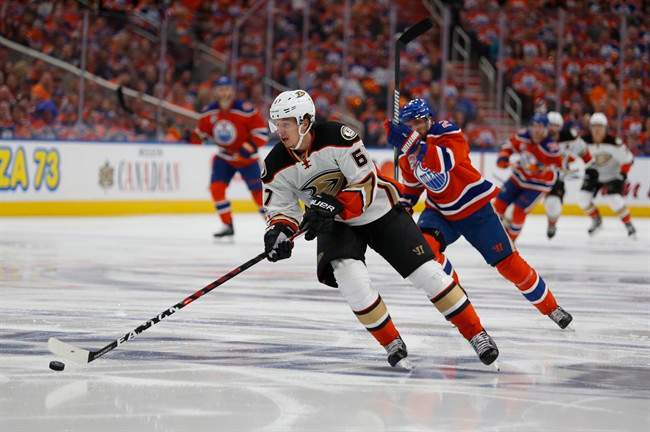 Anaheim Ducks centre Rickard Rakell (67) moves in on a breakaway to score the game's first goal against the Edmonton Oilers during first period NHL hockey round two playoff action in Edmonton, Sunday, April 30, 2017.