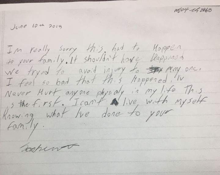 Letter written by Joshua Mitchell shown in court.