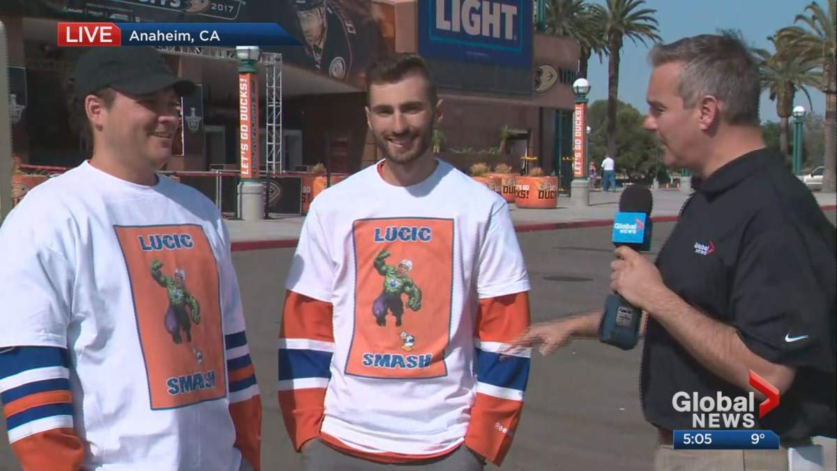 Kevin Karius interviews Milan Lucic's cousin and friend outside Anaheim's Honda Center ahead of Game 2 on Friday, April 28, 2017.