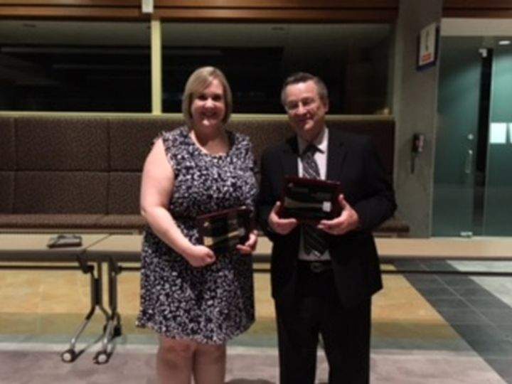 630 CHED\’s Kirby Bourne and Bob Layton at the Prairie Regional RTDNA Awards in Calgary on April 29, 2017.