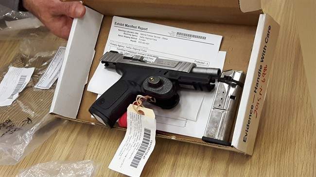 A 9-mm gun, a part of the evidence in the trial of William Sandeson, who was charged in the death of a Dalhouse University student, is shown in court on Thursday, April 27, 2017.