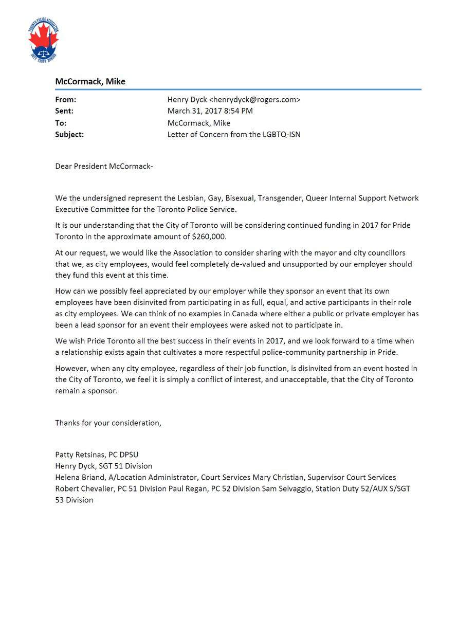 A letter posted by police union boss Mike McCormack on the Toronto police association’s Twitter account on Wednesday in which LGBTQ members of the Toronto Police force asked for the elimination of a $260,000 Pride parade grant.
