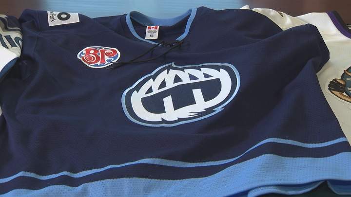 The polar bear themed jersey the Manitoba Moose wore during a game against the San Jose Barracuda on Feb 3, 2017.