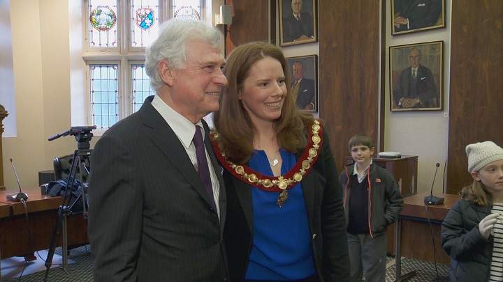 Westmount Mayor Christina Smith sworn in while standing with former mayor Peter Trent at Westmount City Hall, Monday April 24, 2017.