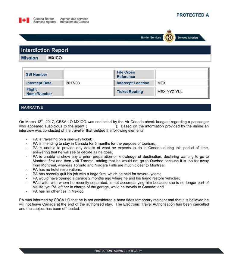 One of the CBSA reports obtained by Global News. Identifying information related to the file number and the agent involved have been removed.
