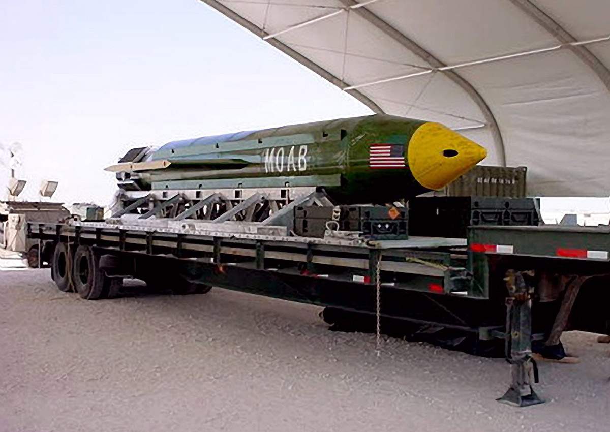 Handout undated file photo of The GBU-43/B Massive Ordnance Air Blast bomb sits at an air base in Southwest Asia waiting to be used should it become necessary. 