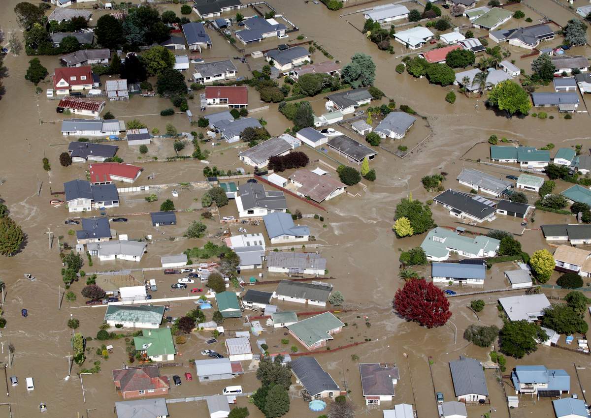 This photo shows the flooded streets of the North Island town of Edgecumbe in New Zealand, Thursday, April 6, 2017.