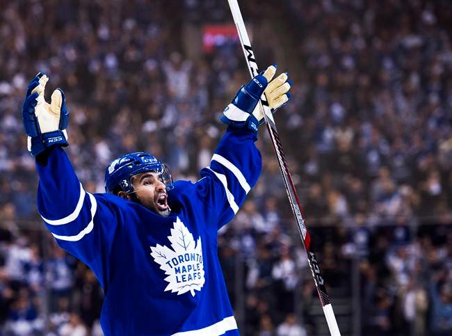 Toronto Maple Leafs centre Nazem Kadri (43) celebrates his goal against the Washington Capitals during second period NHL hockey round one playoff action in Toronto on Monday, April 17, 2017. THE CANADIAN PRESS/Nathan Denette.