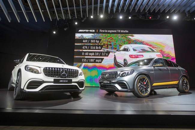 The Mercedes AMG GL63, left, and the Mercedes AMG GL63 Coupe are on display during a media preview at the New York International Auto Show, at the Jacob Javits Center in New York, Wednesday, April 12, 2017.