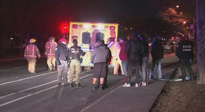 A 29-year-old woman is in critical condition after she was struck by a car in Montreal's Rosemont borough Saturday night. April 8, 2017.