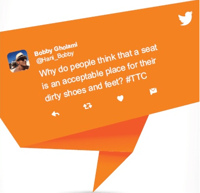 The TTC will be unveiling eight posters featuring etiquette-related tweets by riders, such as the one above.