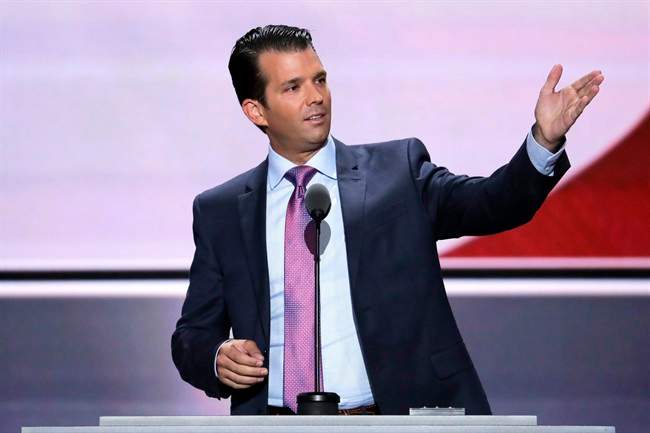 In this July 19, 2016 file photo, Donald Trump, Jr speaks during the second day of the Republican National Convention in Cleveland. 