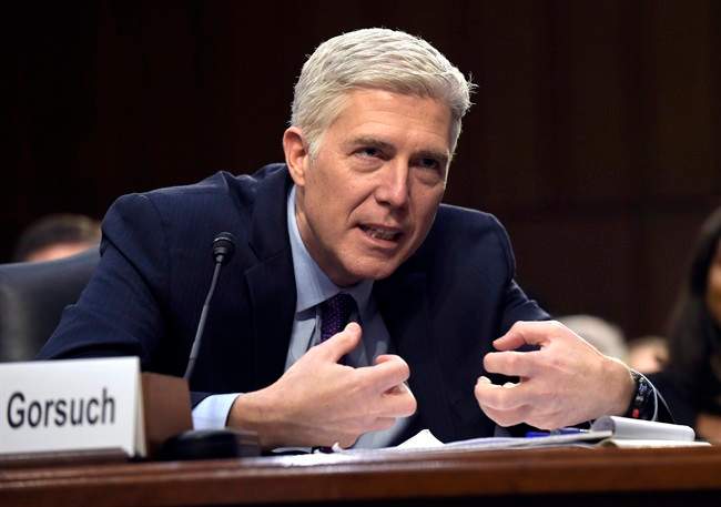 In this March 21, 2017, file photo, Supreme Court Justice nominee Judge Neil Gorsuch testifies on Capitol Hill in Washington during his confirmation hearing before the Senate Judiciary Committee.