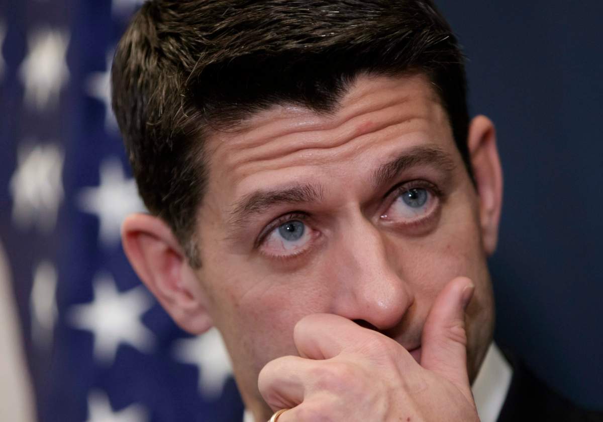 House Speaker Paul Ryan of Wis., pauses as he speaks with reporters on Capitol Hill in Washington, Tuesday, March 21, 2017, after meeting with President Donald Trump.