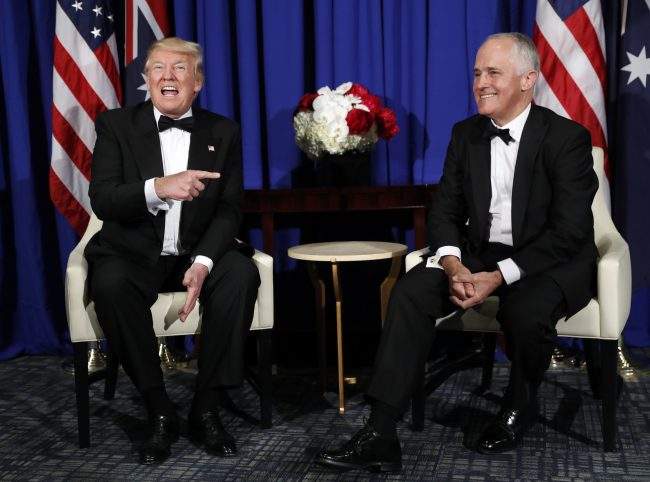 President Donald Trump meets with Australian Prime Minister Malcolm Turnbull aboard the USS Intrepid, a decommissioned aircraft carrier docked in the Hudson River in New York, Thursday, May 4, 2017.