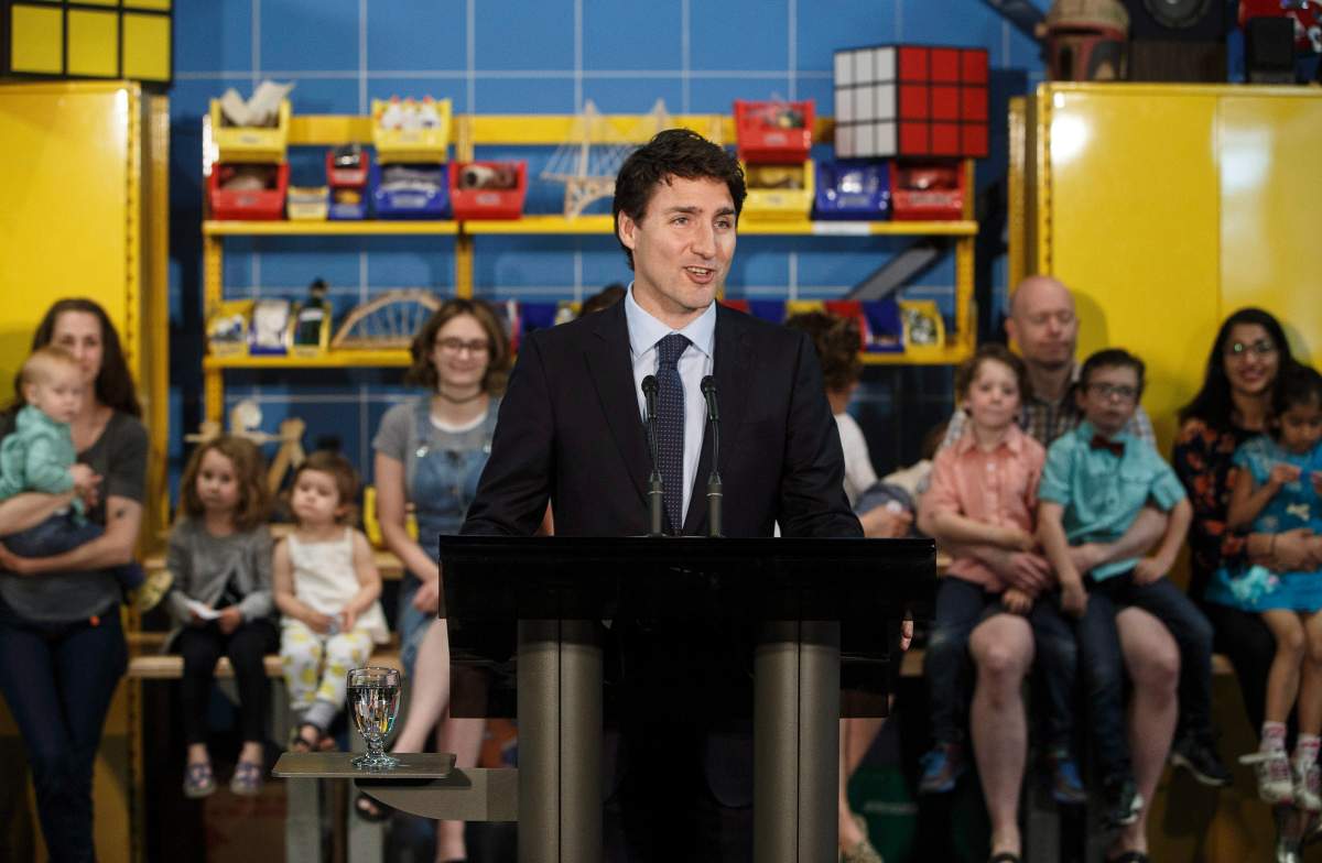 Prime Minster Justin Trudeau speaks with media after visiting with families at the TELUS World of Science to highlight the Canada Child Benefit in Edmonton, on Saturday, May 20, 2017.