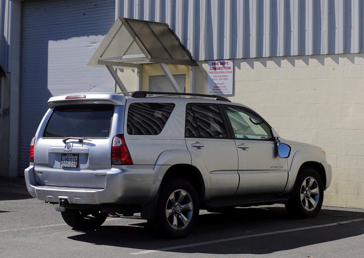 In this March 3, 2017, file, photo, the Toyota 4Runner held in a Boston Police evidence lot in the Hyde Park neighborhood of Boston is seen during a "view" of pertinent locations and evidence in the Aaron Hernandez trial. 