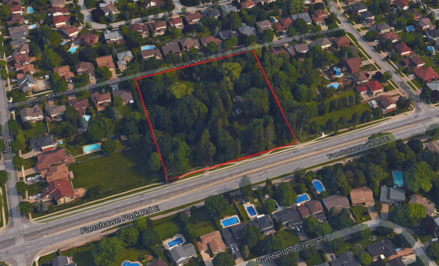 An aerial view of the property located at 420 Fanshawe Park Rd. E. in London, Ont.
