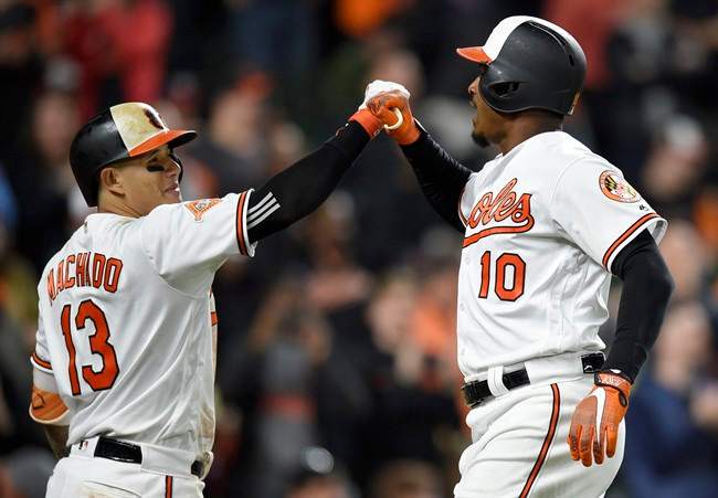 Baltimore Orioles' Adam Jones (1) celebrates his home run with Manny Machado (13) during the eighth inning of an interleague baseball game against the Washington Nationals, Tuesday, May 9, 2017, in Baltimore.