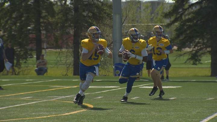 Players on the Winnipeg Blue Bombers take part in the opening day of rookie camp.