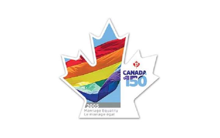 The stamp unveiled by Canada Post pays tribute to the fact that same-sex couples have the right to get married in this country.