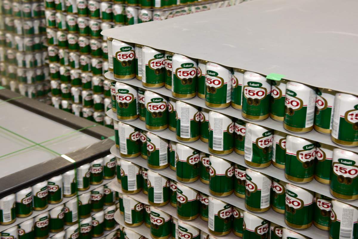 Cases of Labatt 150 ready for shipping.