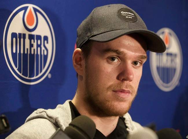 Edmonton Oilers' Connor McDavid speaks to media in Edmonton, Alta., on Friday May 12, 2017. 