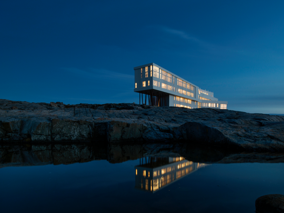 Fogo Island Inn partially sits on stilts which allows for sweeping views of the Labrador Current.