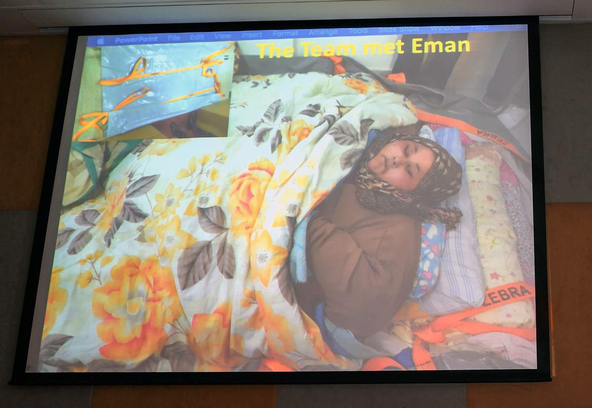 An image of Egyptian national Eman Ahmed Abd El Aty is displayed at a press conference attended by her Indian bariatric surgeon, Muffazal Lakdawala, in Mumbai on February 13, 2017.