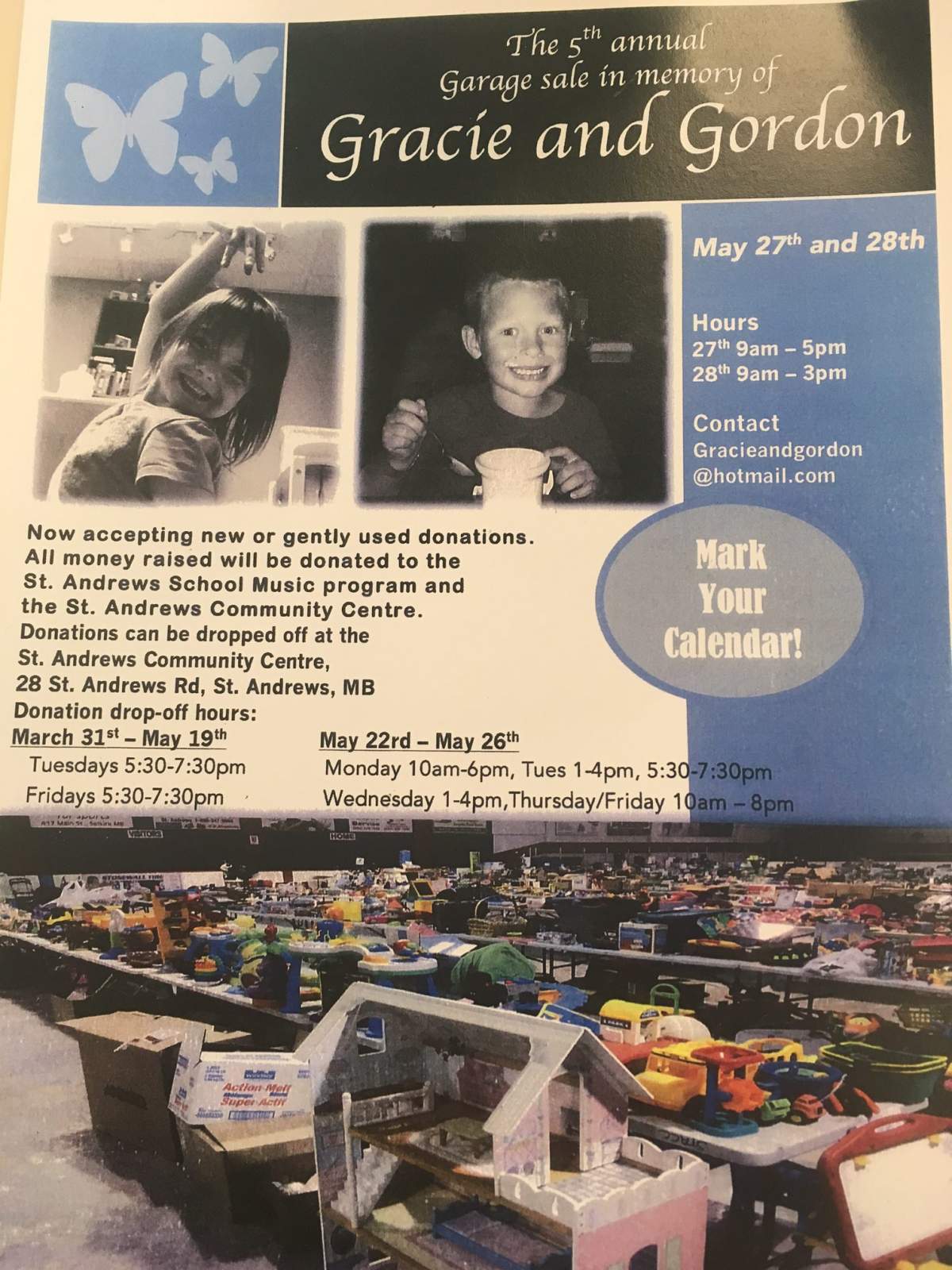 Gracie and Gordon\’s Garage Sale will be held on May 27 and 28.