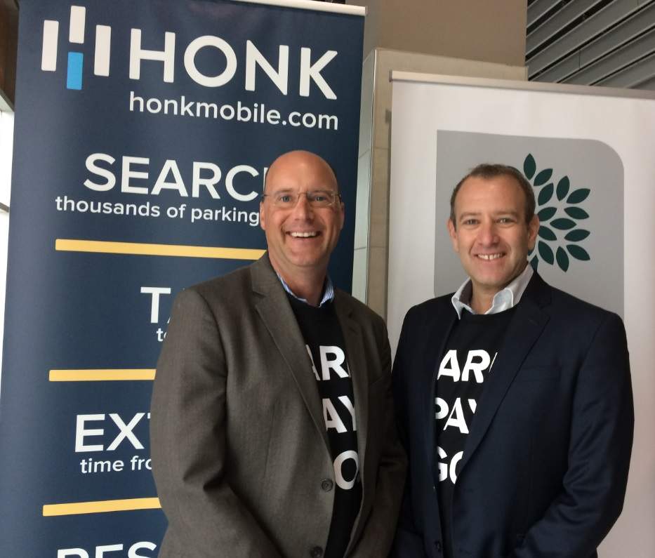 Mayor Matt Brown and HonkMobile CEO Michael Back celebrate the launch of the app in London on May 4, 2017.