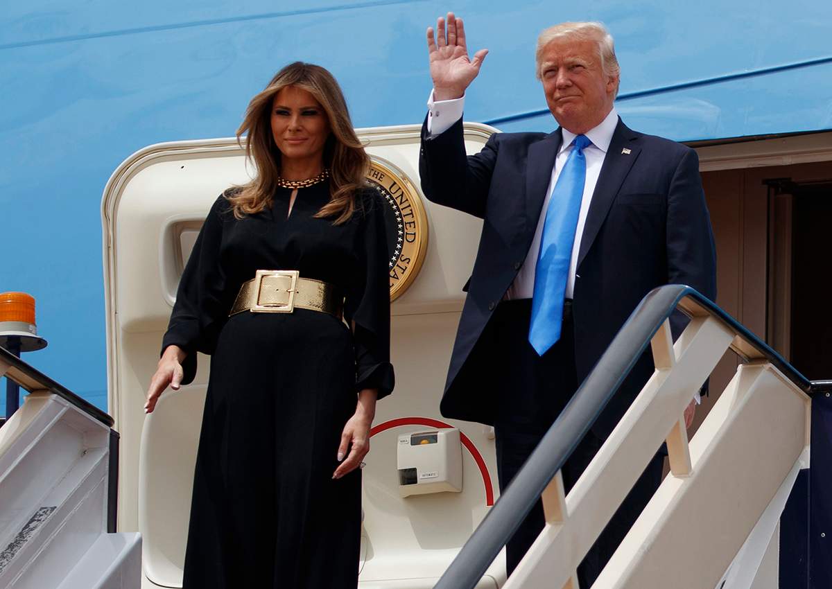 President Donald Trump and first lady Melania arrive for a welcome ceremony at the Royal Terminal of King Khalid International Airport, Saturday, May 20, 2017, in Riyadh.