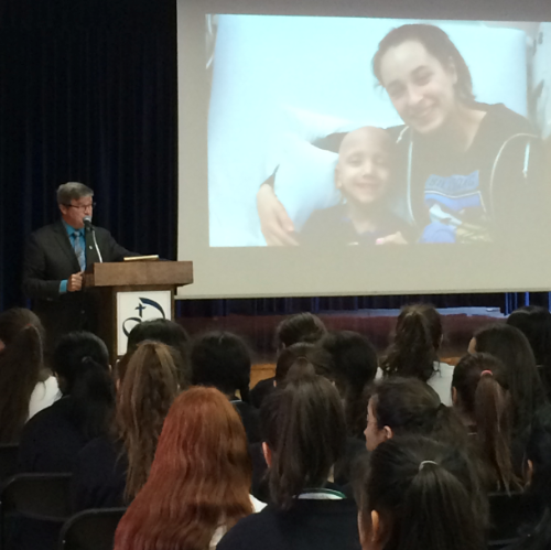 Mr. O'Donnell, Head of The Sacred Heart School of Montreal shows a slide of Olivia Iorio with her cousin, Vincenzo. Monday, May 29, 2017.