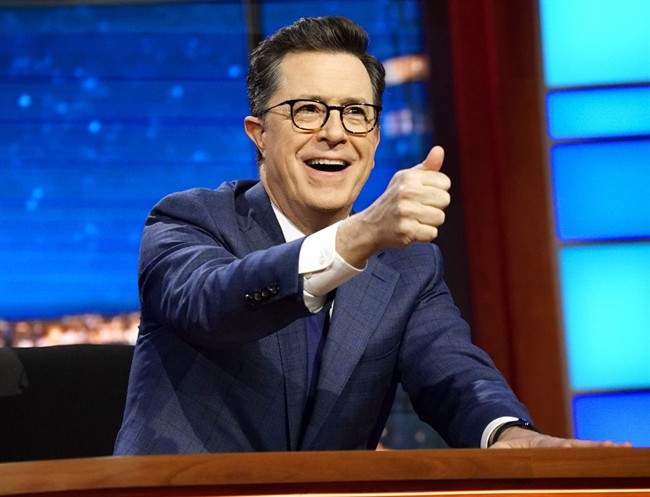 In this March 27, 2017 file photo, Stephen Colbert, host of 'The Late Show with Stephen Colbert,' appears during a taping of his show in New York City.