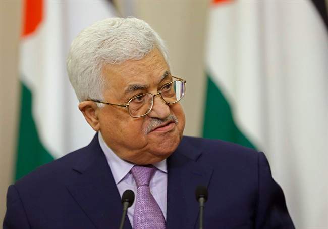 FILE - In a Thursday, May 11, 2017 file photo, Palestinian President Mahmoud Abbas speaks at a joint press conference with Russian President Vladimir Putin at the Bocharov Ruchei residence in the Black Sea resort of Sochi, Russia. 
