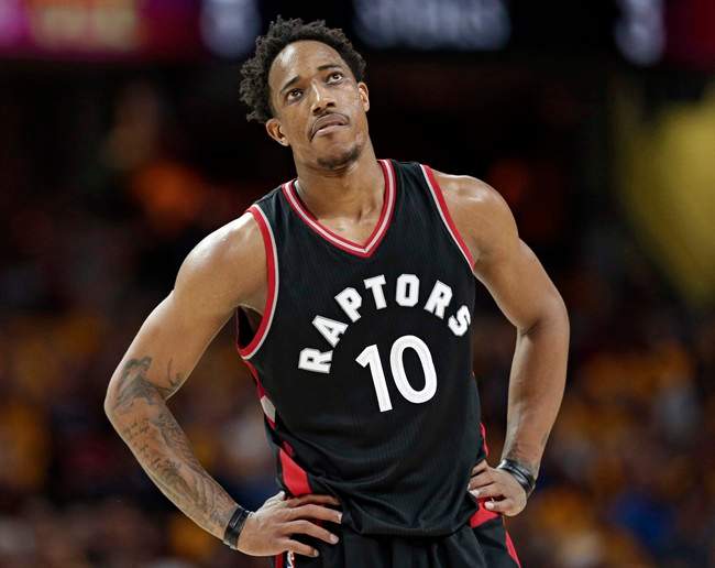 Toronto Raptors' DeMar DeRozan looks up in the second half in Game 1 of a second-round NBA basketball playoff series against the Cleveland Cavaliers, on May 1, 2017, in Cleveland.