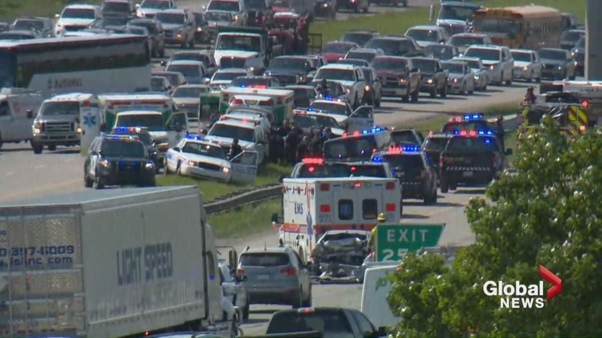 At least 25 police cars, six ambulances and four fire trucks on scene a serious incident on Deerfoot Trail Monday May 29, 2017.