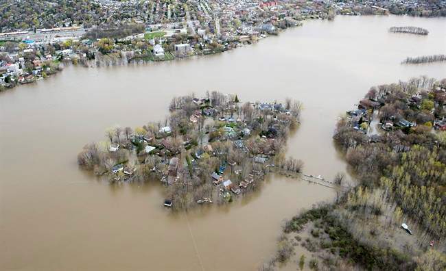 Ile Mercier covered in floodwater is seen on the Riviere des Prairies on the north part of Montreal, Monday, May 8, 2017. The bridge leading to the island is closed with its residents evacuated. 