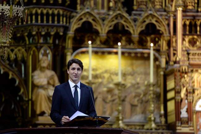 The Prime Minister Justin Trudeau speaks at the Notre-Dame Basilica to mark the 375th anniversary of the founding of Montreal on Wednesday May 17, 2017.