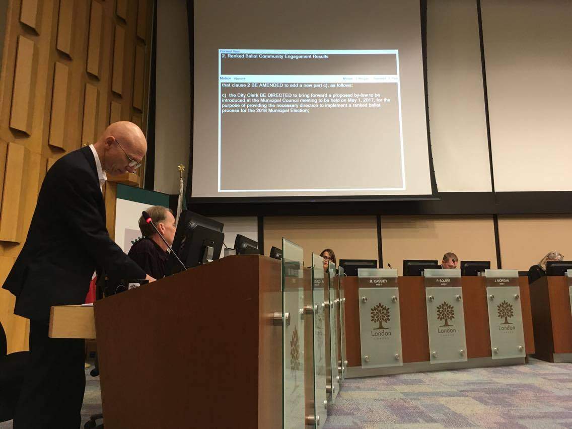 Counc. Michael Van Holst addresses council during a two-and-a-half debate regarding ranked ballot voting in London Council Chambers, May 1st 2017.