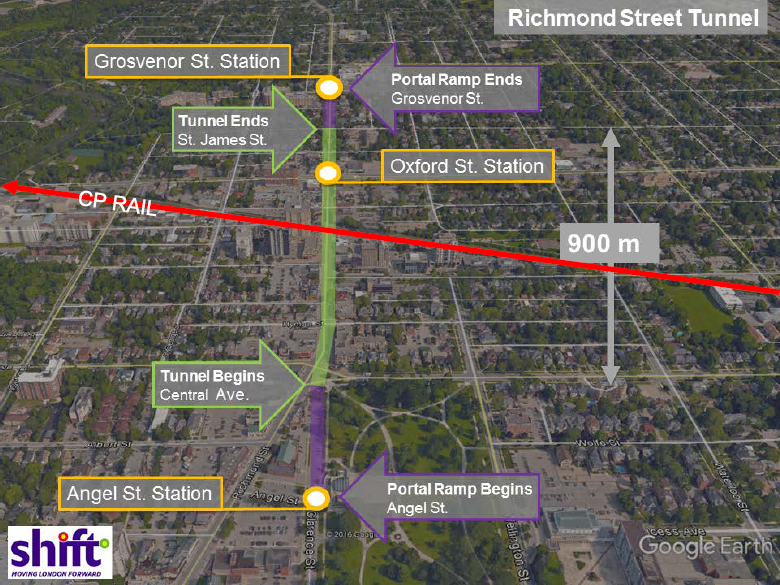 A map of the proposed Richmond Street tunnel in London, Ont.