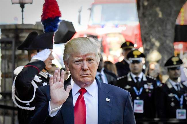US President Donald Trump arrives arrives for a meeting of G7 leaders and Outreach partners at the Hotel San Domenico on the second day of a G7 summit, in Taormina, Italy, Saturday, May 27, 2017. 