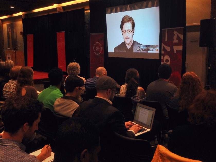 Edward Snowden speaks to students at the University of Winnipeg Tuesday night via web link. 