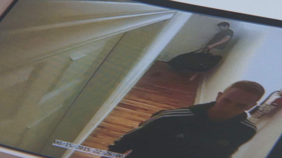 This image is taken from a surveillance video shown to the jury in the William Sandeson murder trial. It shows Samson and Sandeson walking into Sandeson’s apartment on Aug. 15, 2015.
