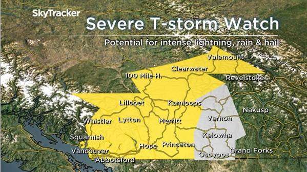 A severe thunderstorm watch is in effect for all areas in yellow. This means these areas will very likely see thunderstorms and these thunderstorms have the potential to become severe. The areas in grey will see non-severe thunderstorms.