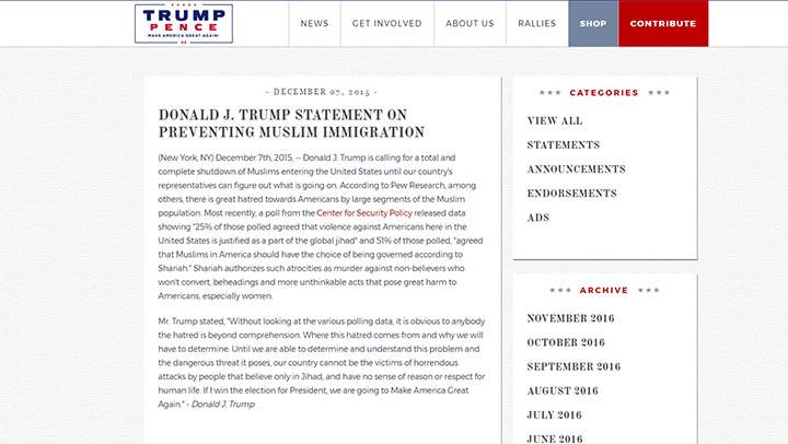 Donald Trump’s campaign removes ‘preventing Muslim immigration’ statement from website - image