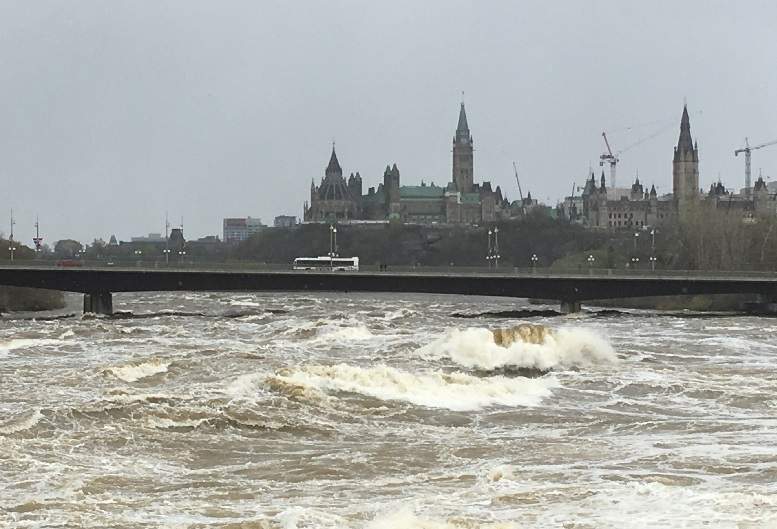 The Ottawa River has crested, officials say, but it was still raging on Monday afternoon between Gatineau and the Parliament Buildings.